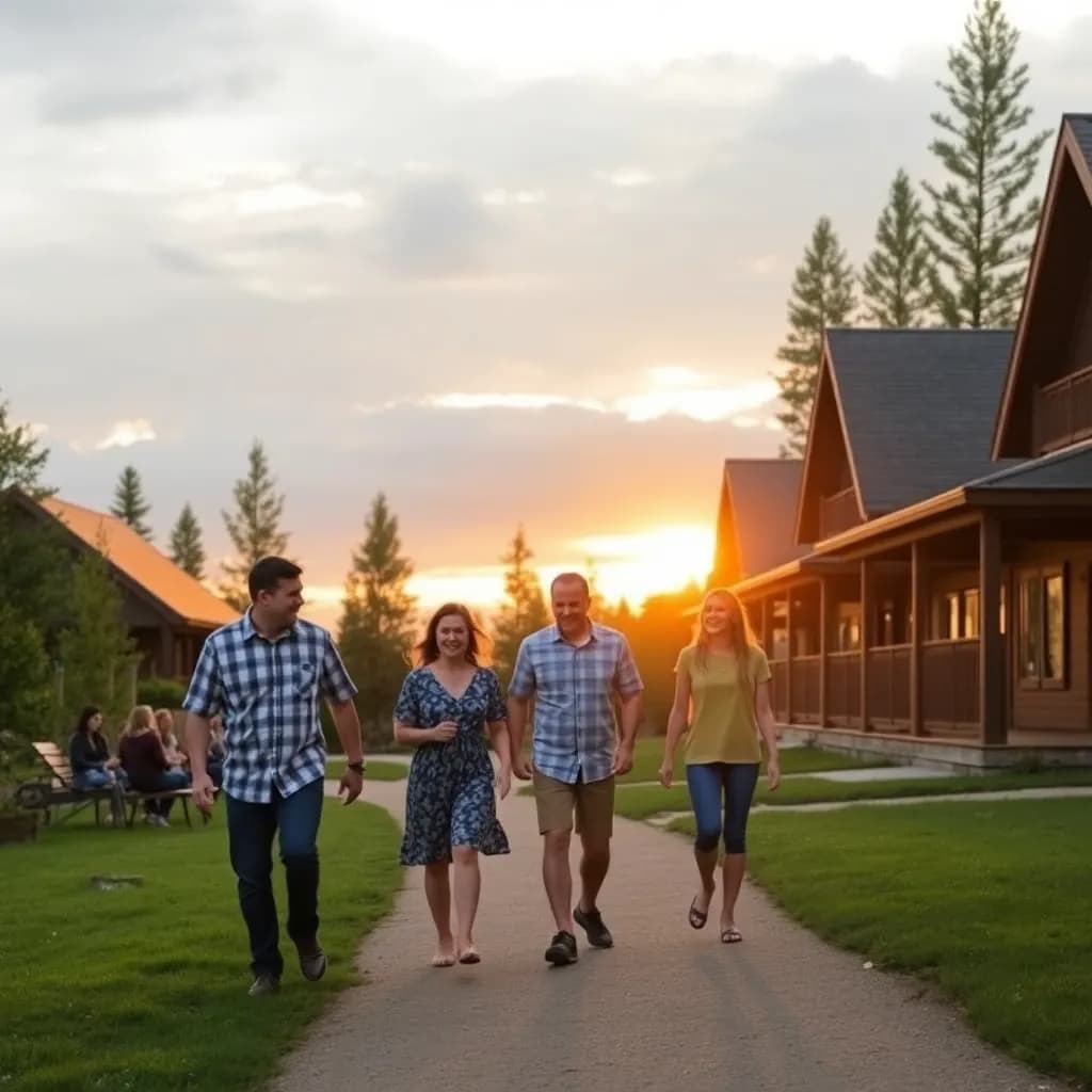 Family walking at resort at sunset with warm lighting and wooden cabins
